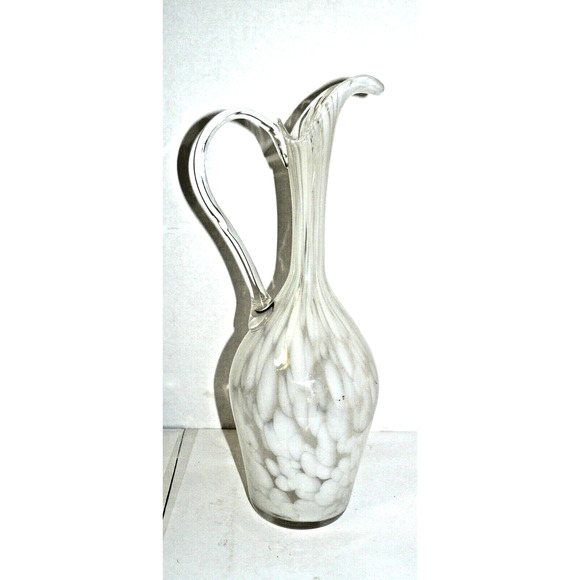 Rare Hand Blown Glass Swung Pitcher Vase 15" Clear & White Vintage MCM Abstract - Picture 5 of 7